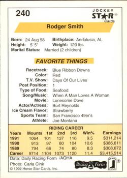 1992 Jockey Star #240 Rodger Smith Back